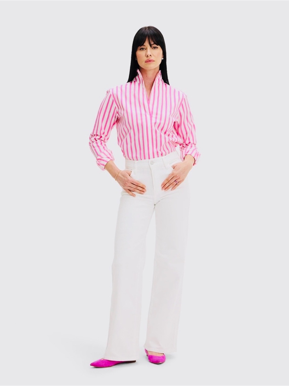 Sarah Alexander Pretty in Pink Stripe V-Neck Hidden Button Cotton Shirt Top